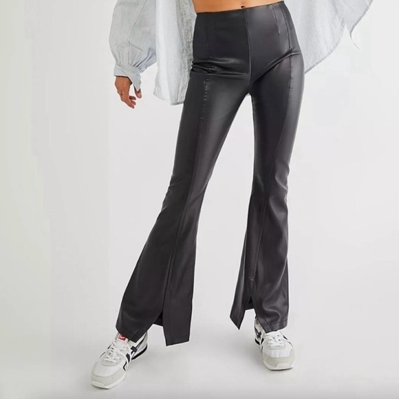 FREE PEOPLE WE THE FREE BLACK REAL DEAL SLIT VEGAN FAUX LEATHER PANTS SZ 28,016 - Picture 1 of 4